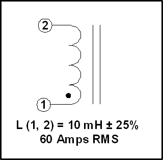 Gapped Inductor 10.0 mH, 60 Amps RMS, P/N 18673L Schematic Diagram