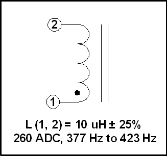 260 AMP Gapped Inductor 10 uH, 377 Hz to 423 Hz, P/N 18705L Schematic Diagram