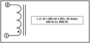 GAPPED INDUCTOR, 650 uH, 20 Amps, 400 Hz to 1500 Hz, P/N 19062L schematic diagram