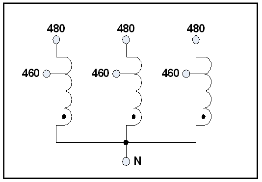 NEMA 1 THREE PHASE BUCK TRANSFORMER, 8 KVA, INPUT 480 VAC, OUTPUT 460 VAC, P/N 19311N Schematic Diagram