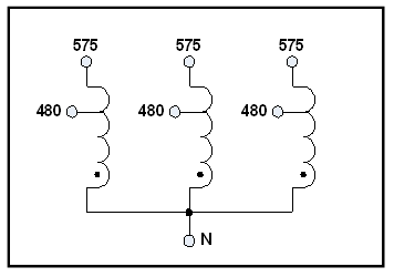 NEMA 1 THREE PHASE BUCK BOOST TRANSFORMER, 12 KVA, INPUT 480 VAC, OUTPUT 575 VAC, P/N 19312N Schematic Diagram