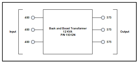 NEMA 1 THREE PHASE BUCK BOOST TRANSFORMER, 12 KVA, INPUT 480 VAC, OUTPUT 575 VAC, P/N 19312N Schematic Diagram