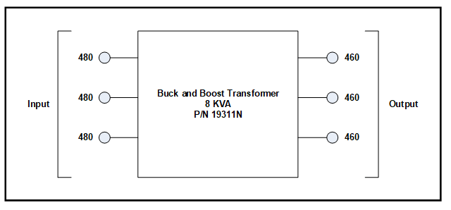 NEMA 1 THREE PHASE BUCK TRANSFORMER, 8 KVA, INPUT 480 VAC, OUTPUT 460 VAC, P/N 19311N Schematic Diagram