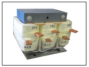 THREE PHASE BOOST TRANSFORMER, 6 KVA, INPUT 440 VAC, OUTPUT 380 VAC, P/N 19372N