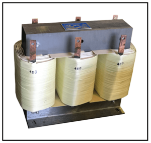 THREE PHASE BUCK BOOST TRANSFORMER, 26.5 KVA, INPUT 480 VAC, OUTPUT 380 VAC, P/N 19471