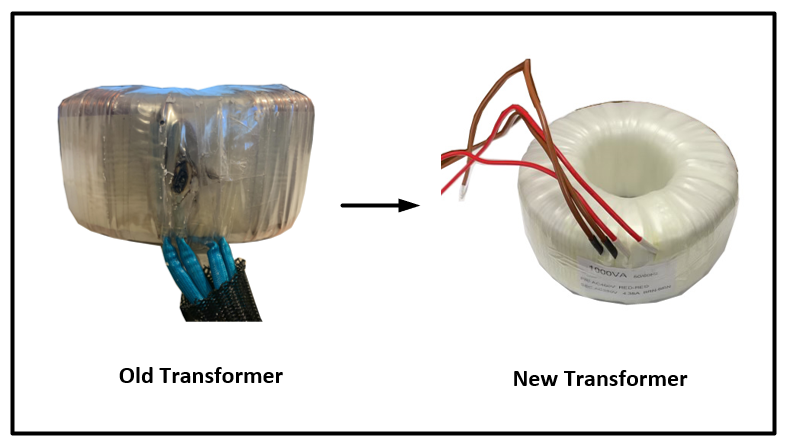 Replacement of an old transformer with a new custom made toroidal transformer rated at 1000 VA