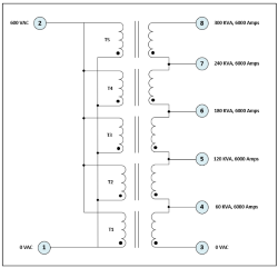 SINGLE PHASE HIGH CURRENT TRANSFORMER, 10 KVA, OUTPUT 1 VAC, 10000 AMPS, P/N 18699A